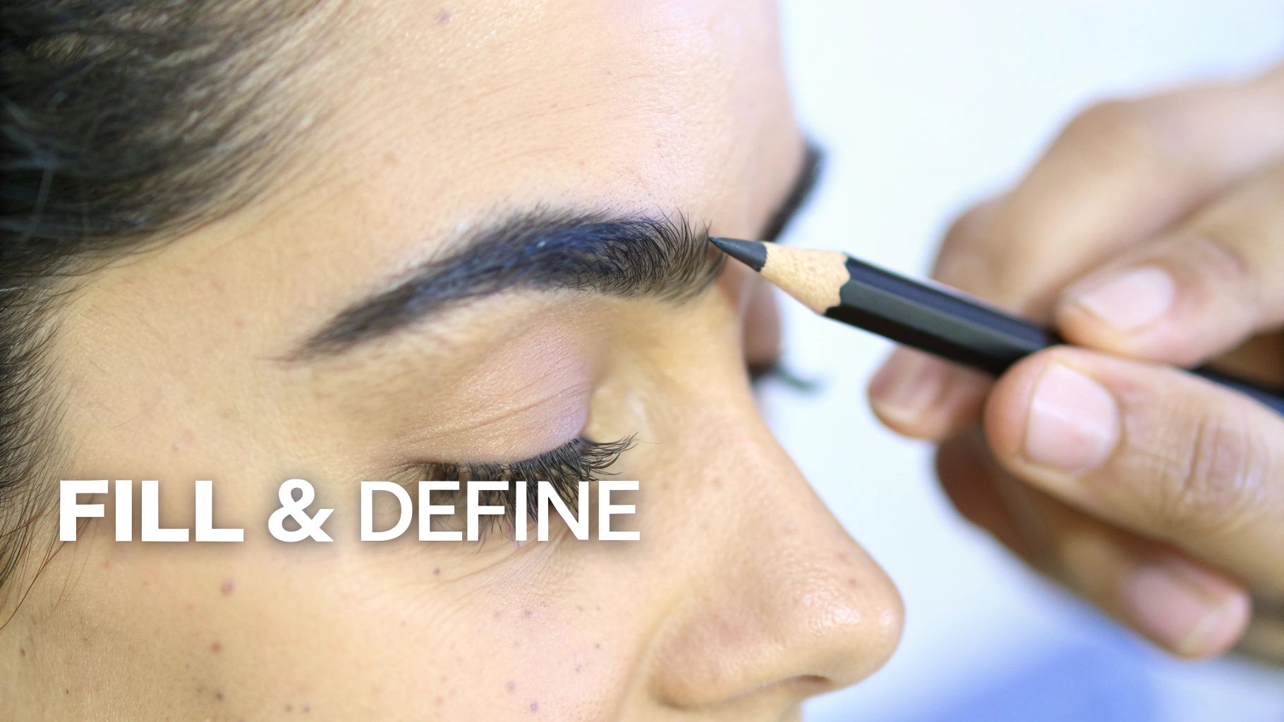 Close-up of a person using an eyebrow pencil to fill and define their brow.