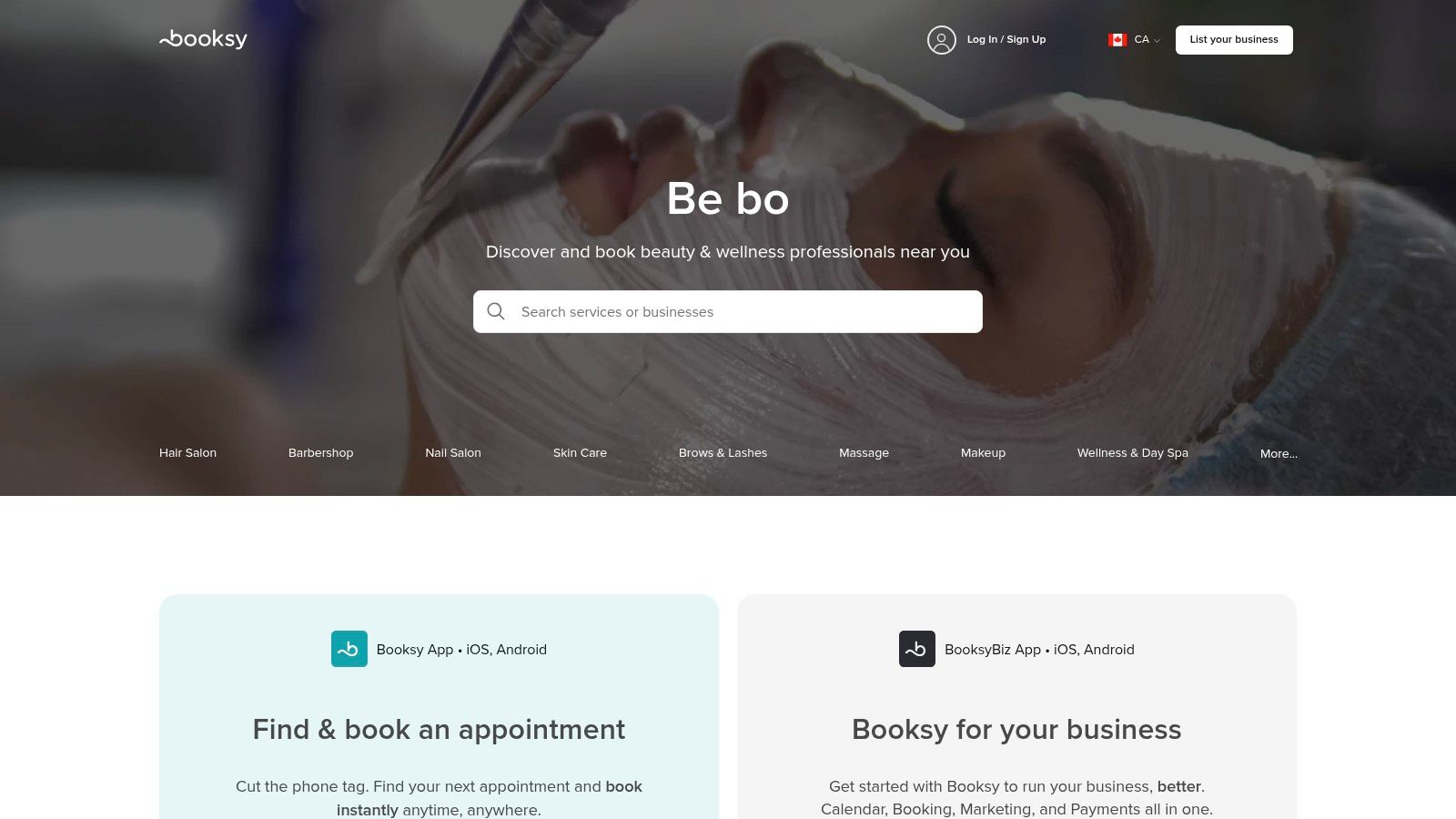 A screenshot of the Booksy platform, showing a search for brow services with various salons listed, including their ratings, prices, and availability.