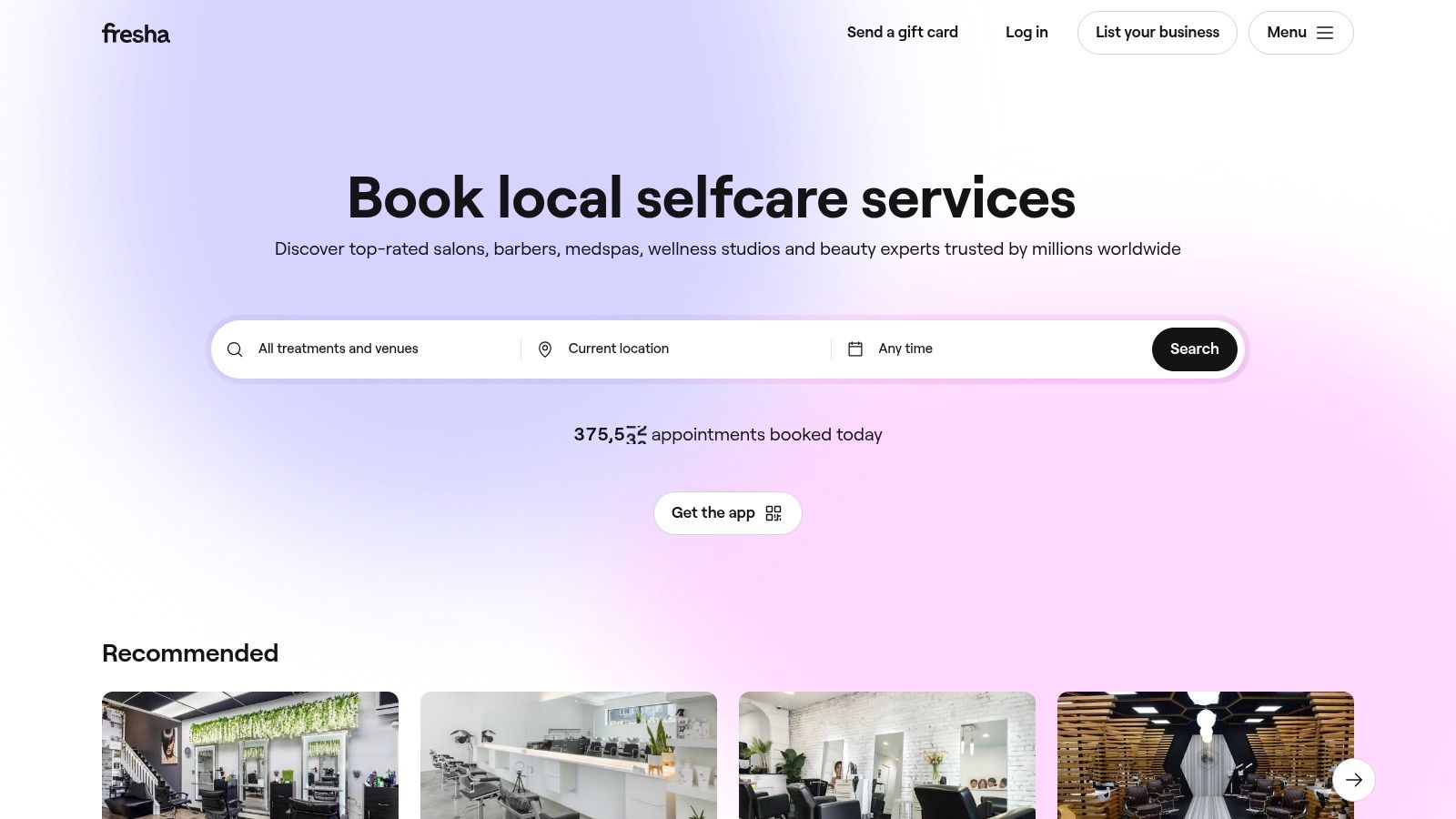 A screenshot of the Fresha website showing a salon's booking page with a list of services, prices, and durations.