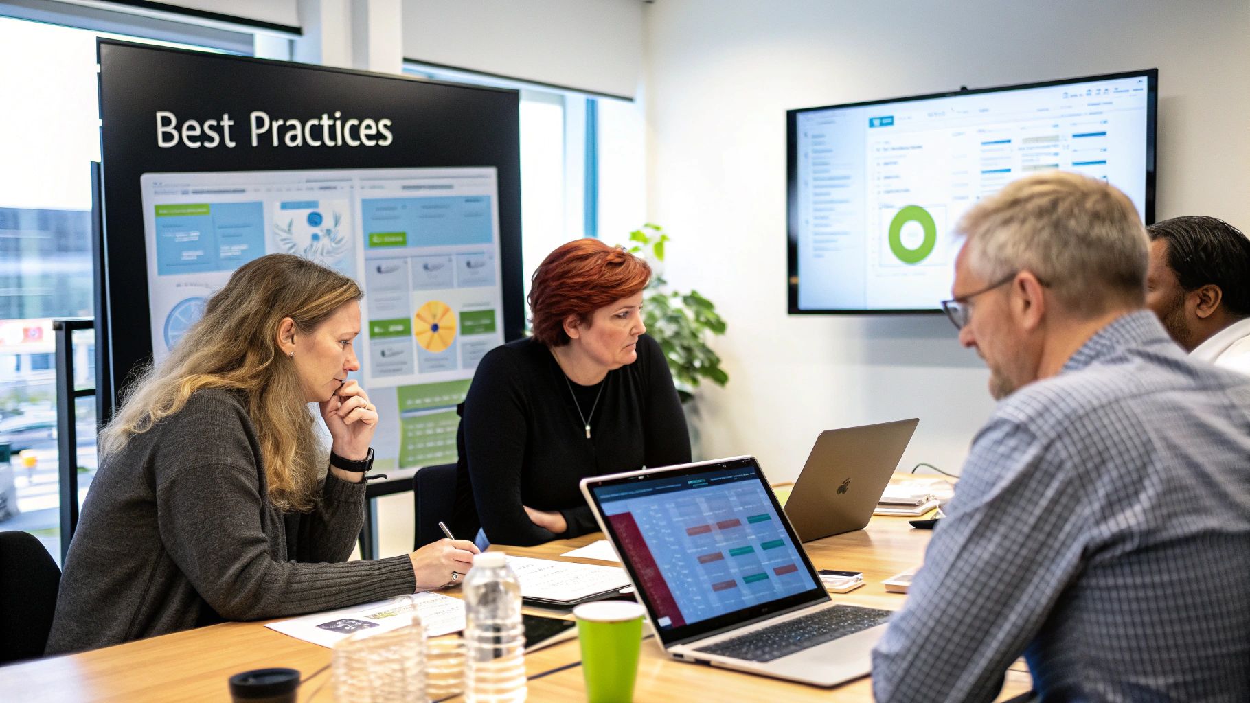 Team collaborating on a project plan for HR analytics dashboard implementation