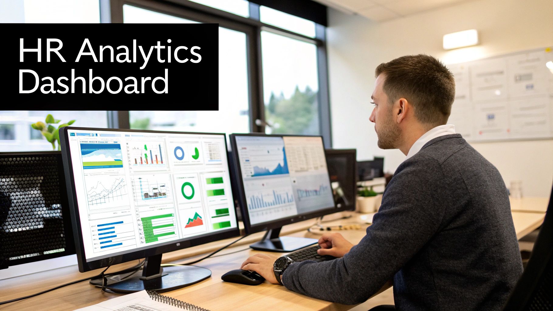 Image of HR professionals collaborating around a dashboard