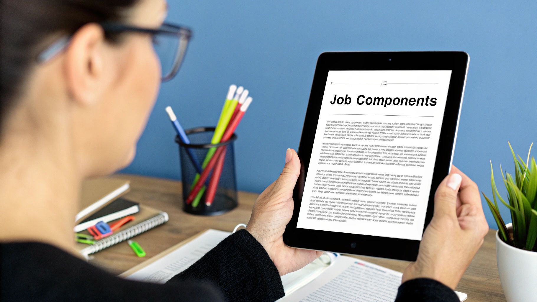 A person writing a job description on a laptop