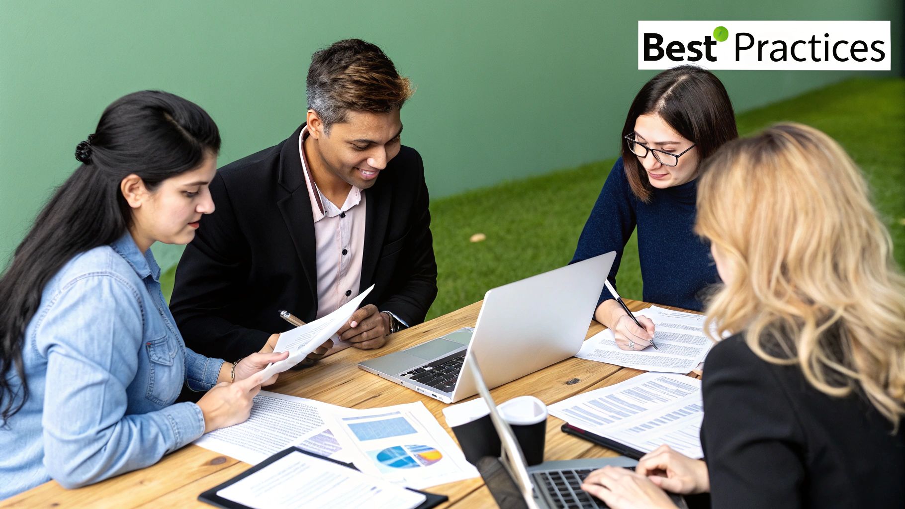 Individuals collaborating around a table with laptops, discussing recruitment strategies