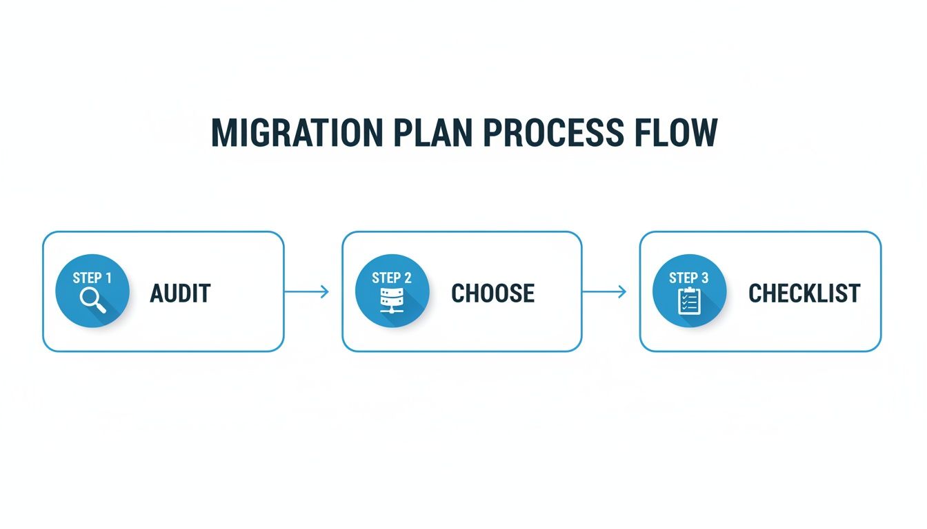 A three-step migration plan process flow diagram illustrating audit, choose, and checklist stages.