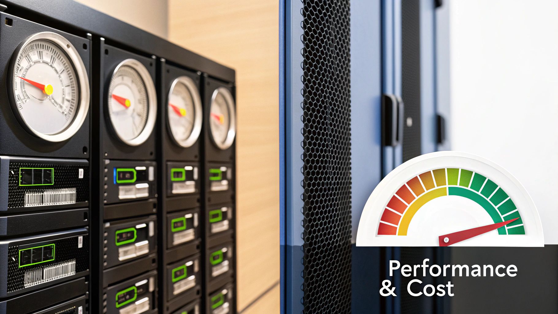 Server rack equipment with analog gauge monitors displaying performance metrics and cost optimization speedometer graphic