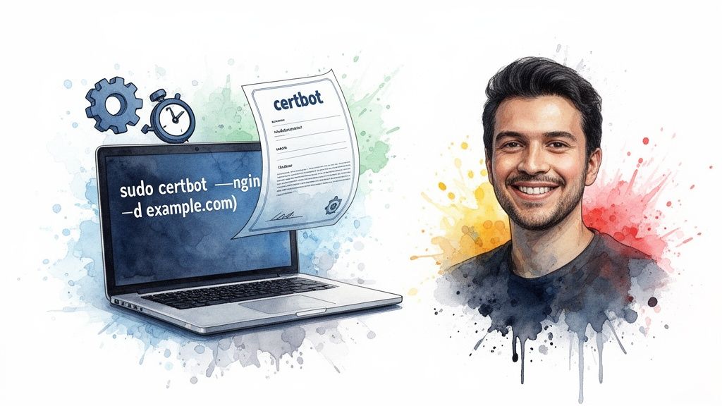 Smiling man next to a laptop displaying a 'sudo certbot' command for SSL certificate installation.