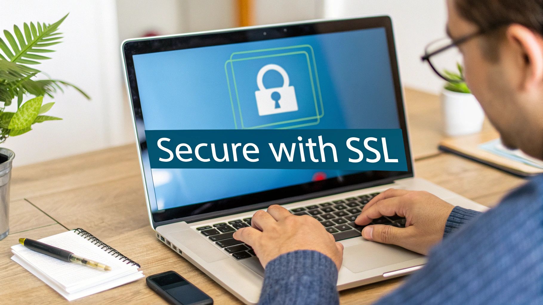 A person types on a laptop displaying a padlock icon and 'Secure with SSL' text, emphasizing online security.