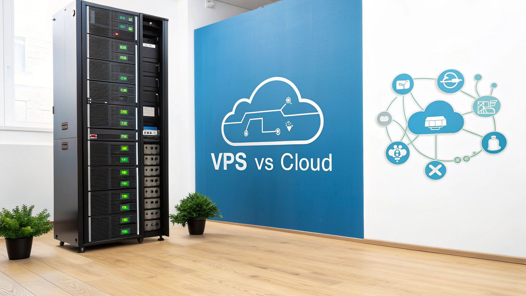 A server rack in an office next to walls displaying 'VPS vs Cloud' graphics and network diagrams.
