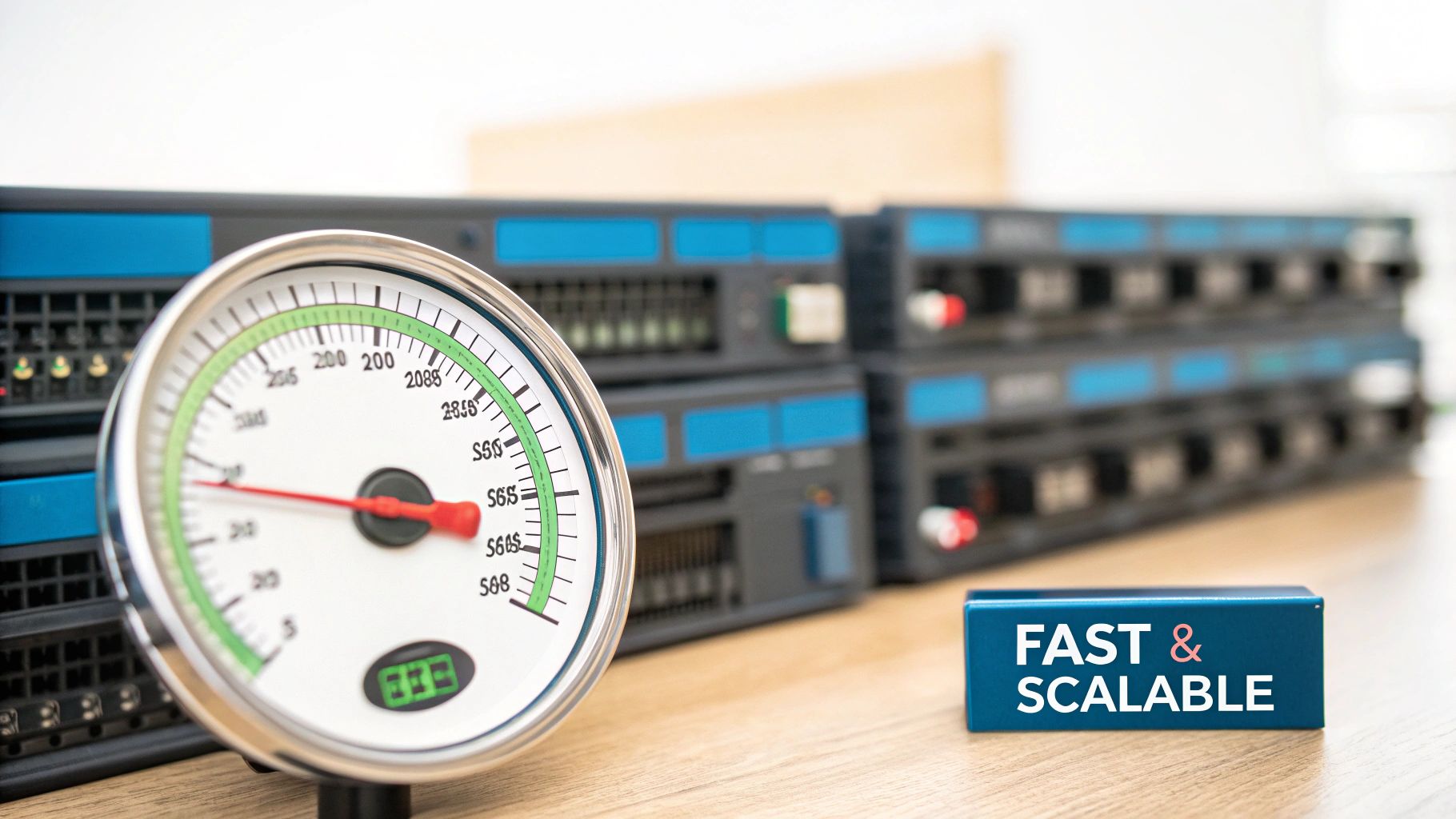 Performance gauge and 'FAST & SCALABLE' block in front of server racks, symbolizing high-speed IT.