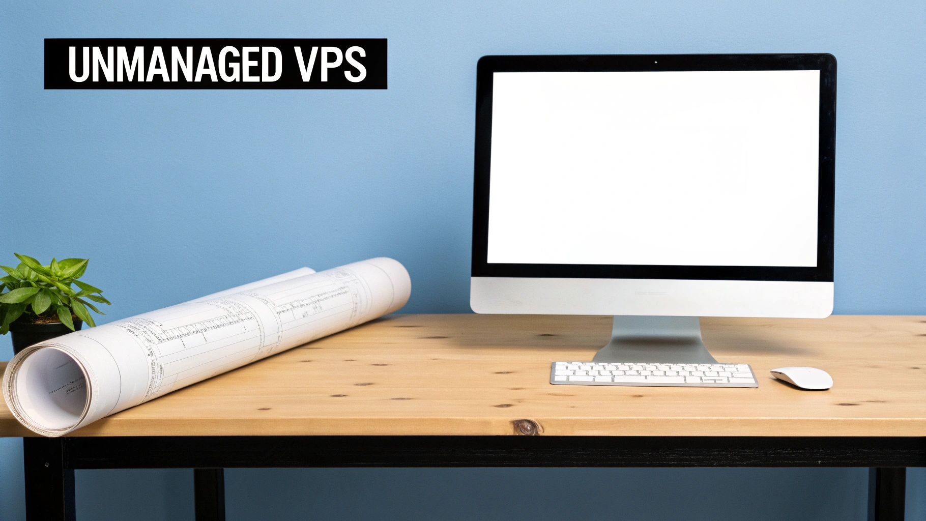 Desktop computer on wooden desk displaying unmanaged VPS hosting workspace with blueprints