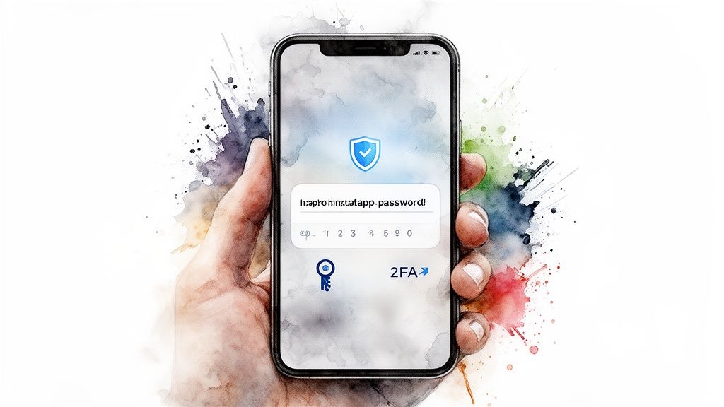 Hand holding a smartphone displaying a security screen with password entry and 2FA option.