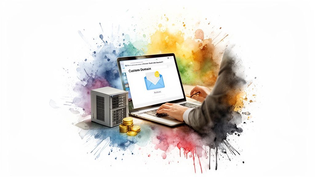 Person using a laptop with a 'Custom Domain' email setup, next to a server and gold coins, on a colorful splash background.