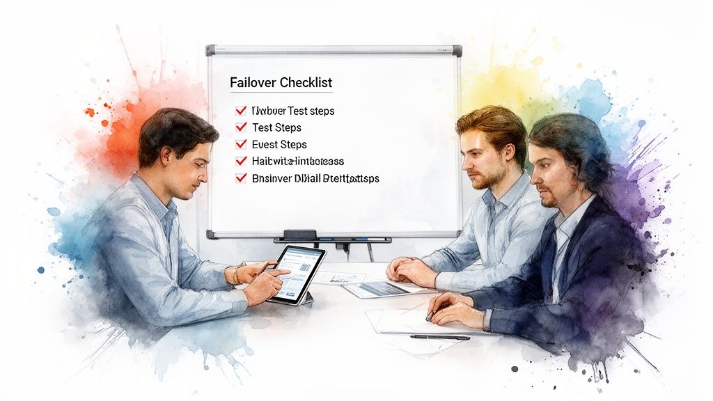 Three men in a watercolor-style illustration discuss a failover checklist on a whiteboard during a meeting.