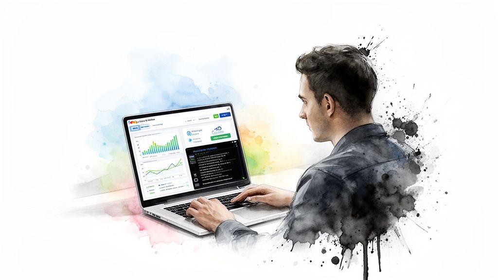 Watercolor illustration of a man working on a laptop, displaying graphs and code.
