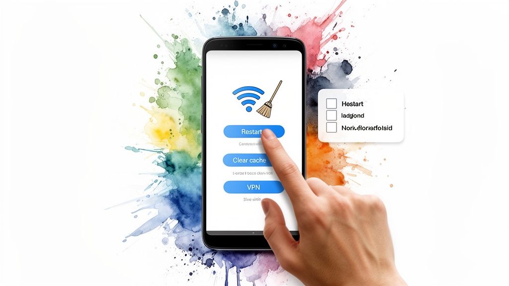 Hand tapping 'Restart' on a smartphone app with Wi-Fi and broom icons, suggesting phone optimization.