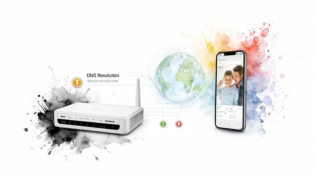 A white wireless router, a glowing globe, and a smartphone displaying a family video, illustrating global network connectivity and DNS resolution.