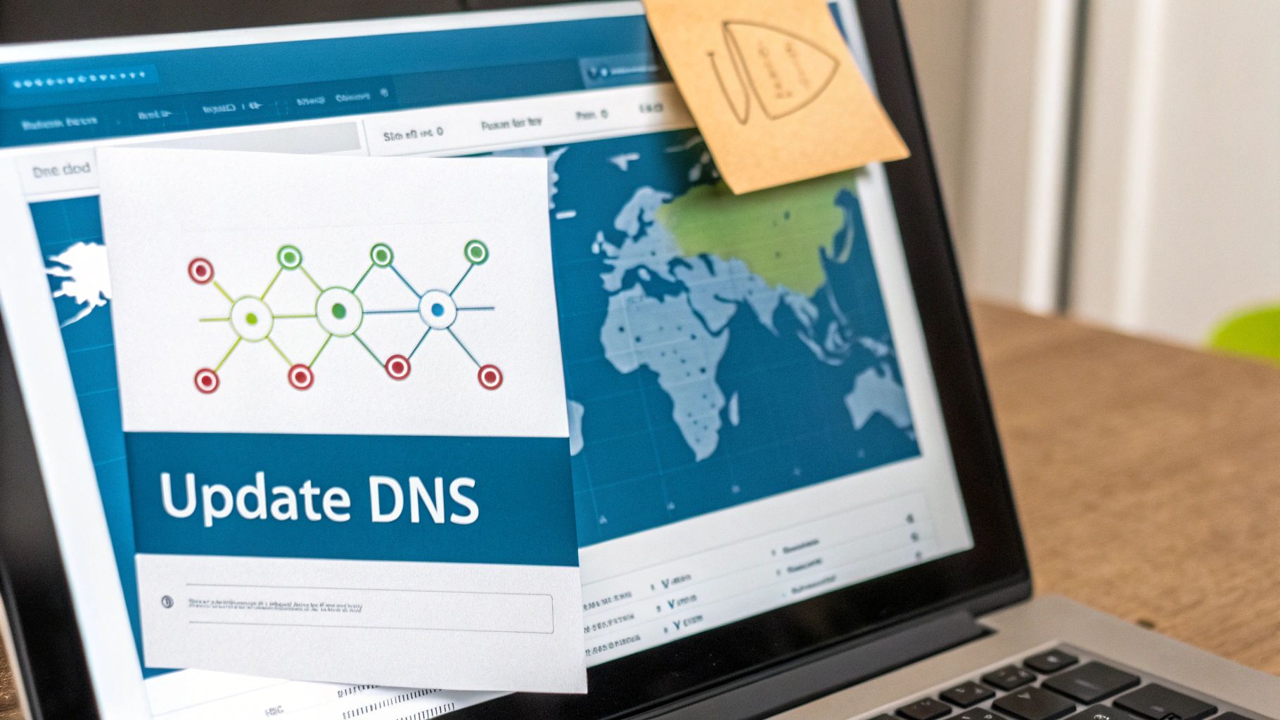 A laptop screen displaying a world map and a document titled 'Update DNS' with a network diagram.