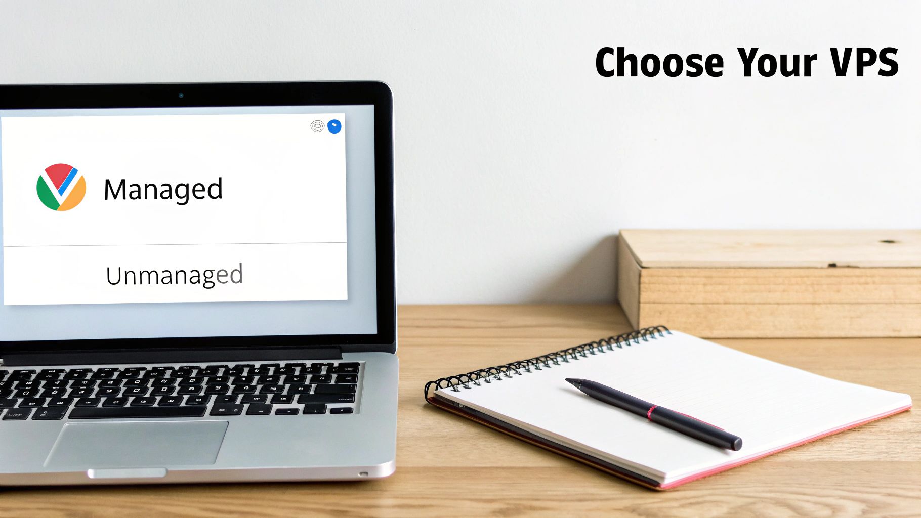 Laptop screen displaying managed versus unmanaged VPS hosting options with notebook on wooden desk