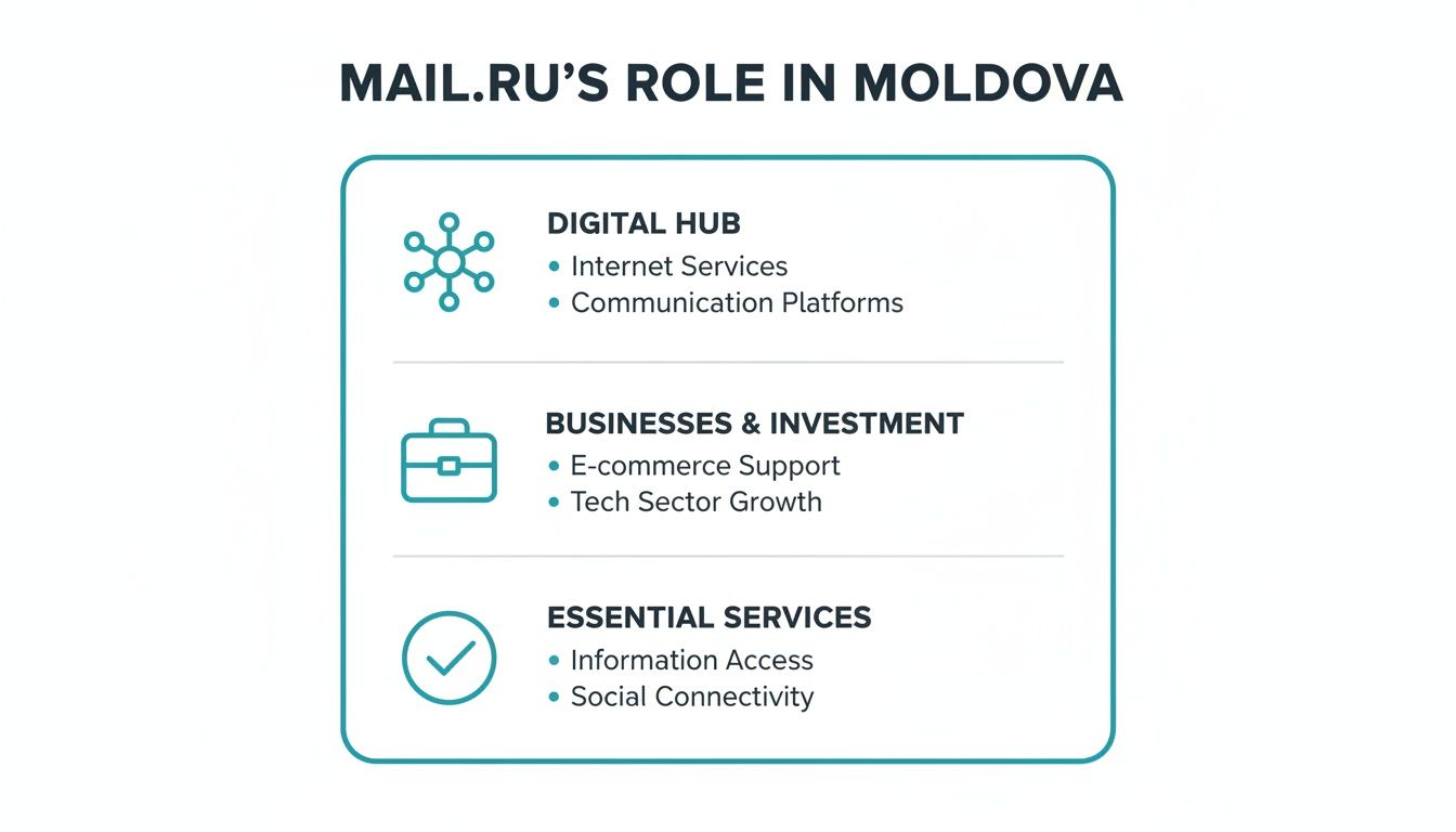 Diagram showing Mail.ru's key roles in Moldova, including digital hub, businesses, investment, and essential services.
