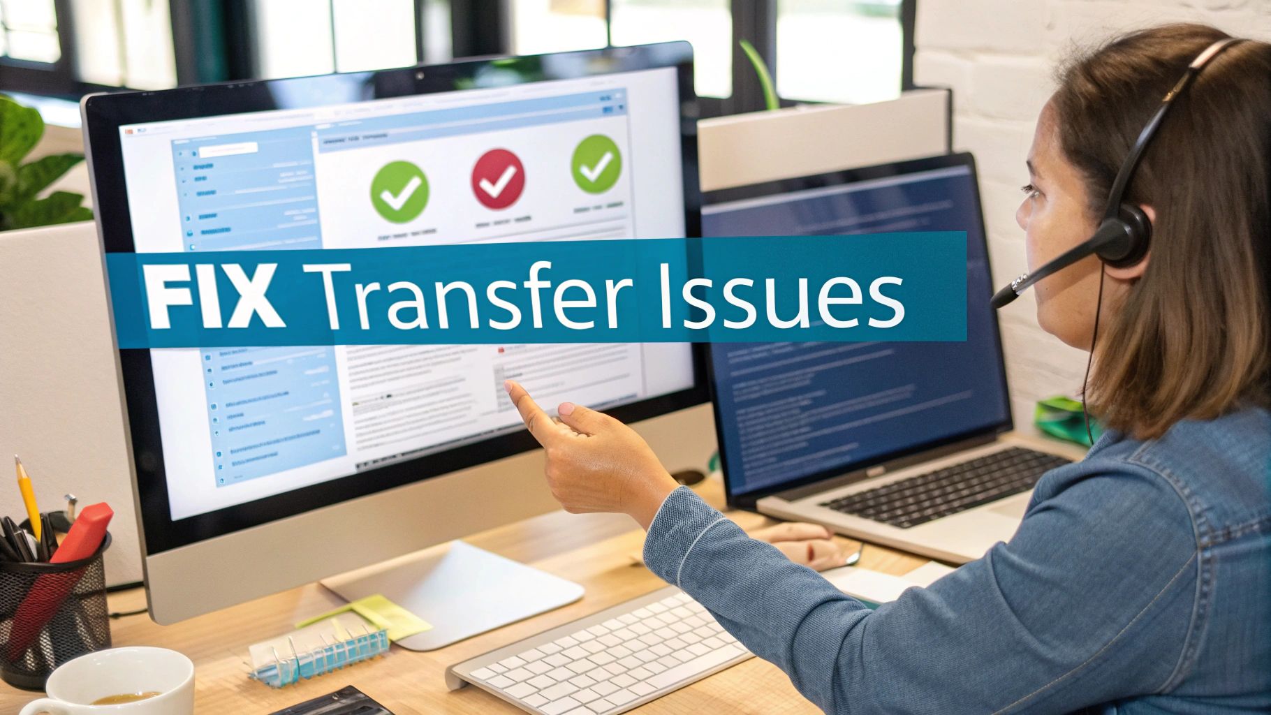 A customer service agent wearing a headset points at a computer screen displaying 'FIX Transfer Issues' and status icons.