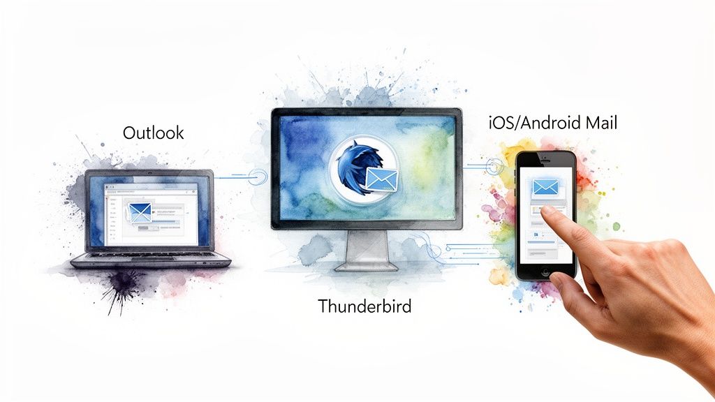 Email clients Outlook, Thunderbird, and mobile mail applications connected, showing email management.
