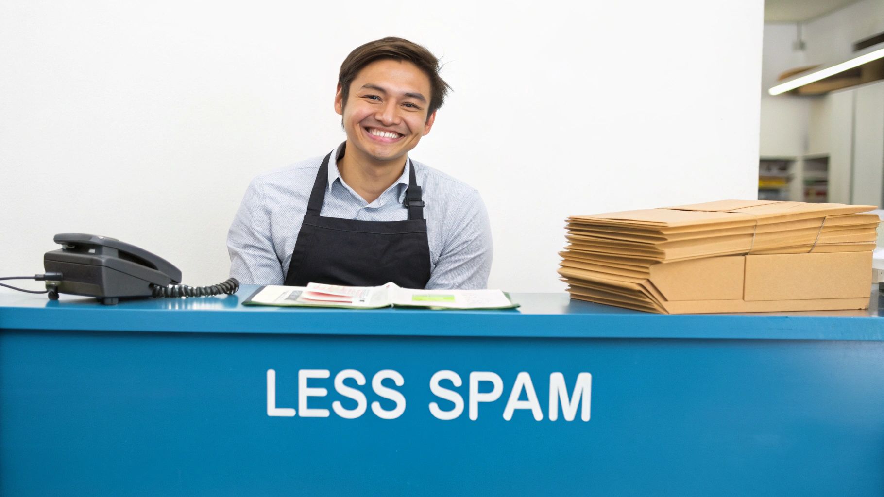 Smiling person in an apron behind a counter with 'LESS SPAM' text and stacked packages.