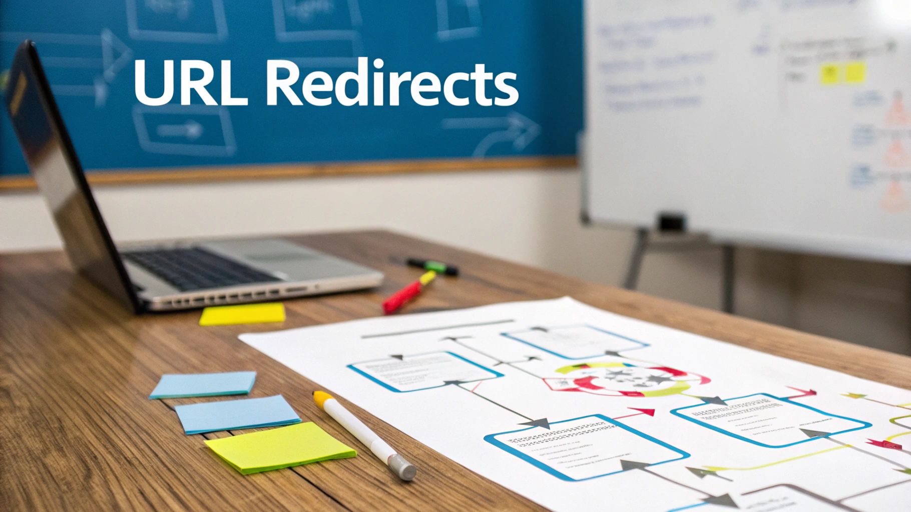 A close-up of a desk with a laptop, workflow diagram, colorful sticky notes, and a "URL Redirects" sign.