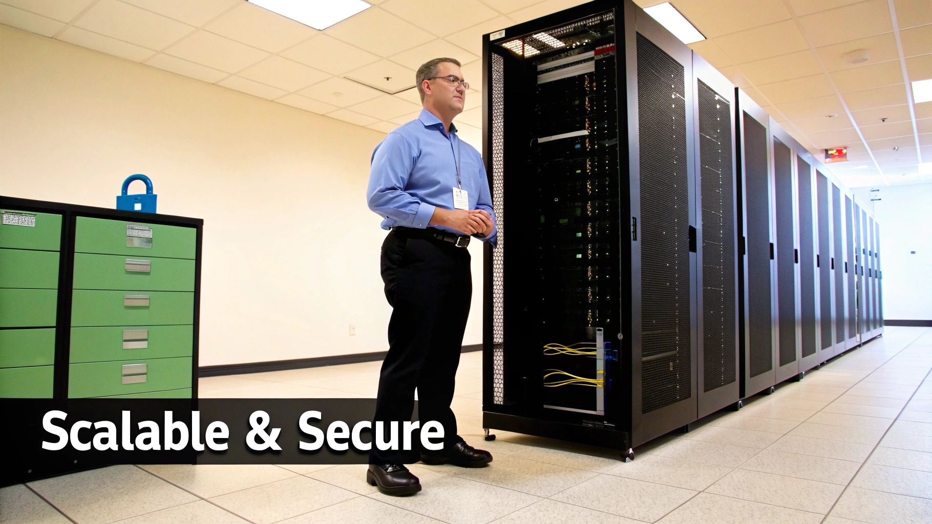 IT professional monitoring secure server racks in modern data center facility with locked file cabinets