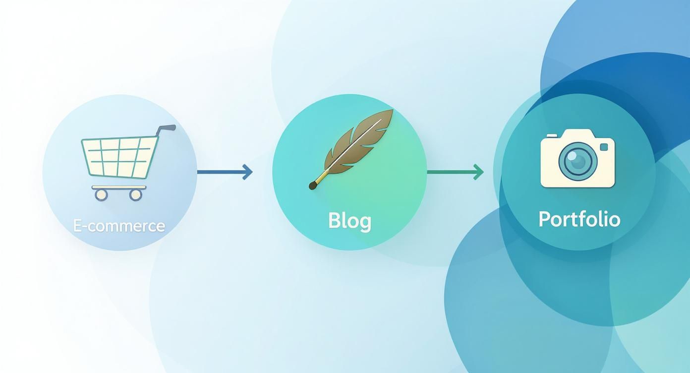 A blue diagram illustrating a business flow from E-commerce (shopping cart) to Blog (quill) to Portfolio (camera).