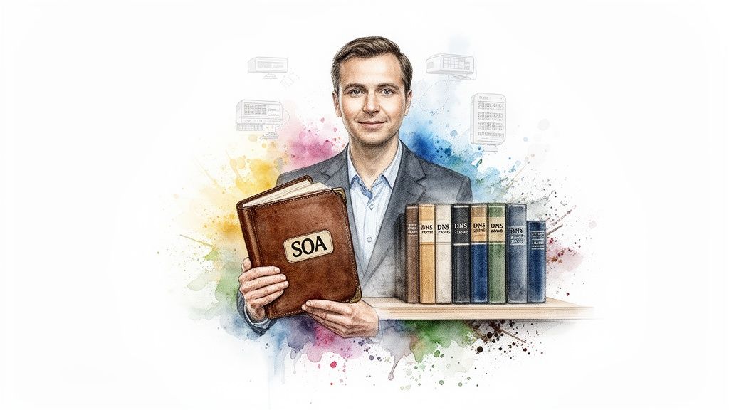 A professional man holding an SOA book, with DNS zone books on a shelf and tech illustrations.