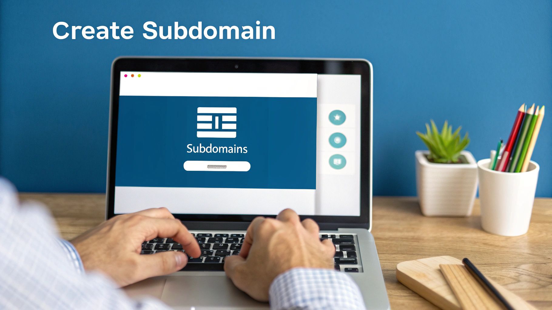 A person typing on a laptop displaying a 'Subdomains' interface, with 'Create Subdomain' text.
