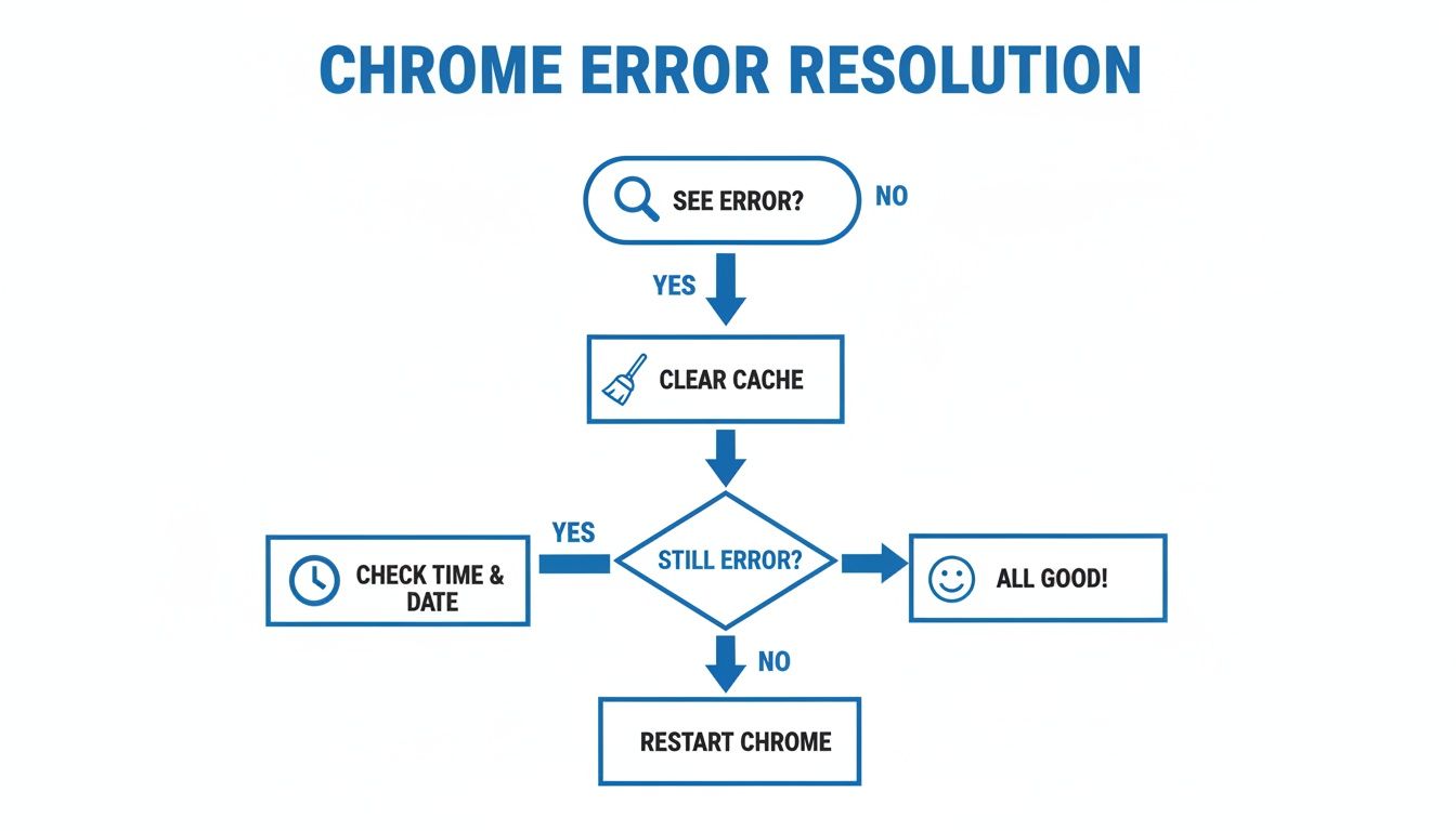 A flowchart illustrating steps to resolve common Chrome browser errors, including clearing cache and restarting.