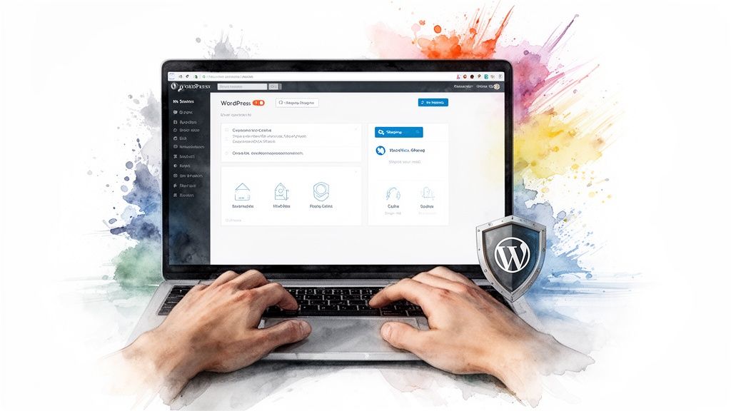 Hands typing on a laptop displaying the WordPress dashboard with a security shield logo.