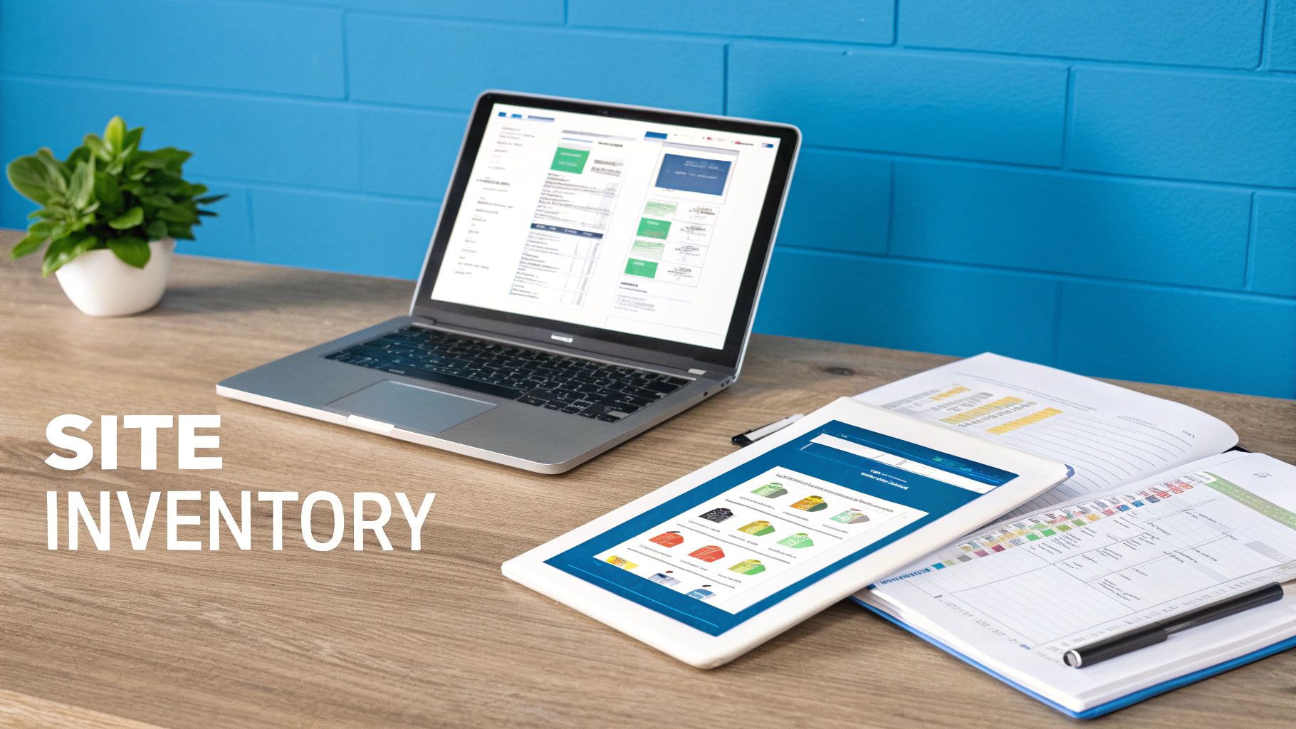 A desk setup with a laptop, tablet displaying inventory, a notebook, and a potted plant, with text 'SITE INVENTORY'.