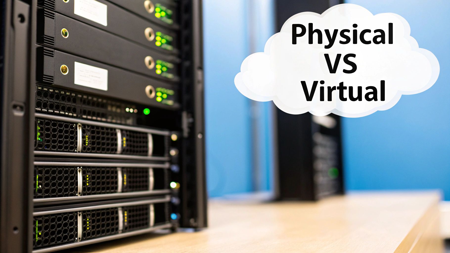 Server rack with physical hardware illustrating physical versus virtual cloud hosting infrastructure comparison