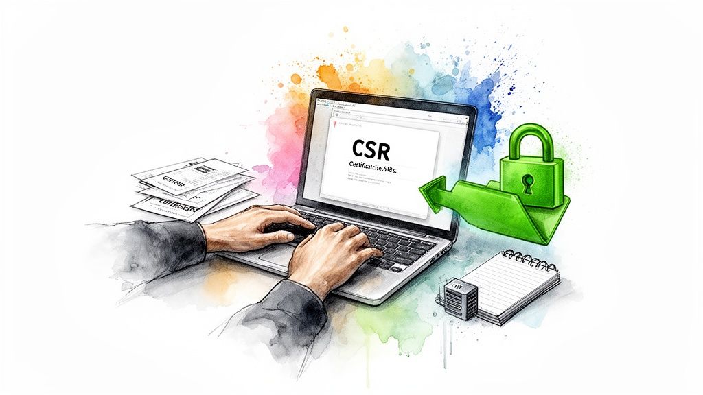 Hands typing on a laptop displaying CSR and certificate, with a green padlock symbolizing security.