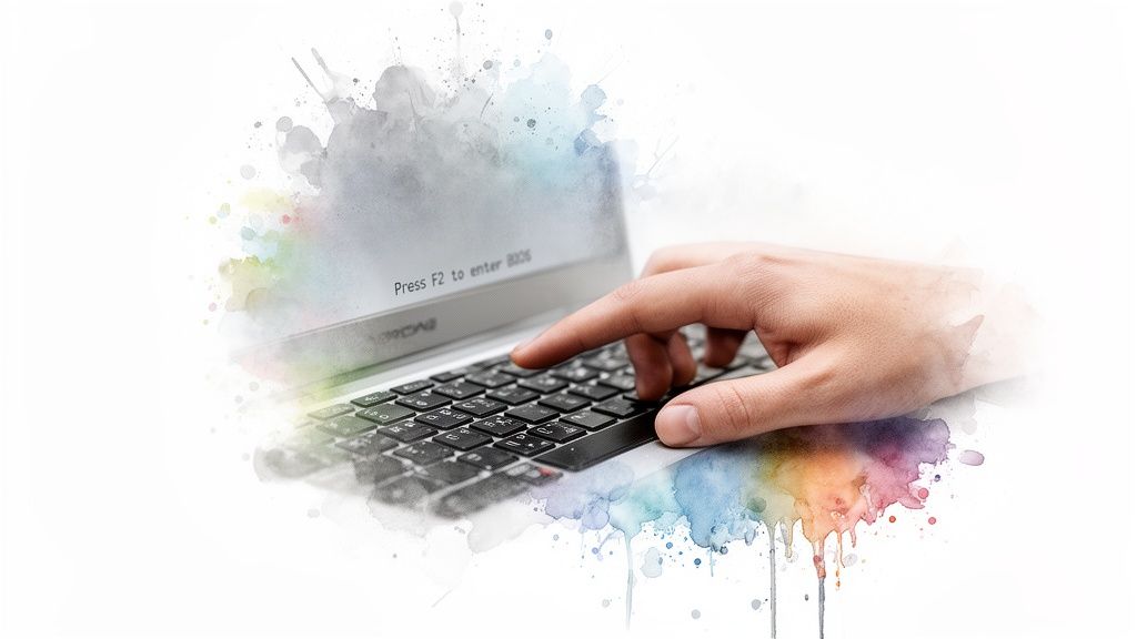 A hand presses a laptop keyboard key to enter BIOS, with colorful watercolor effects.