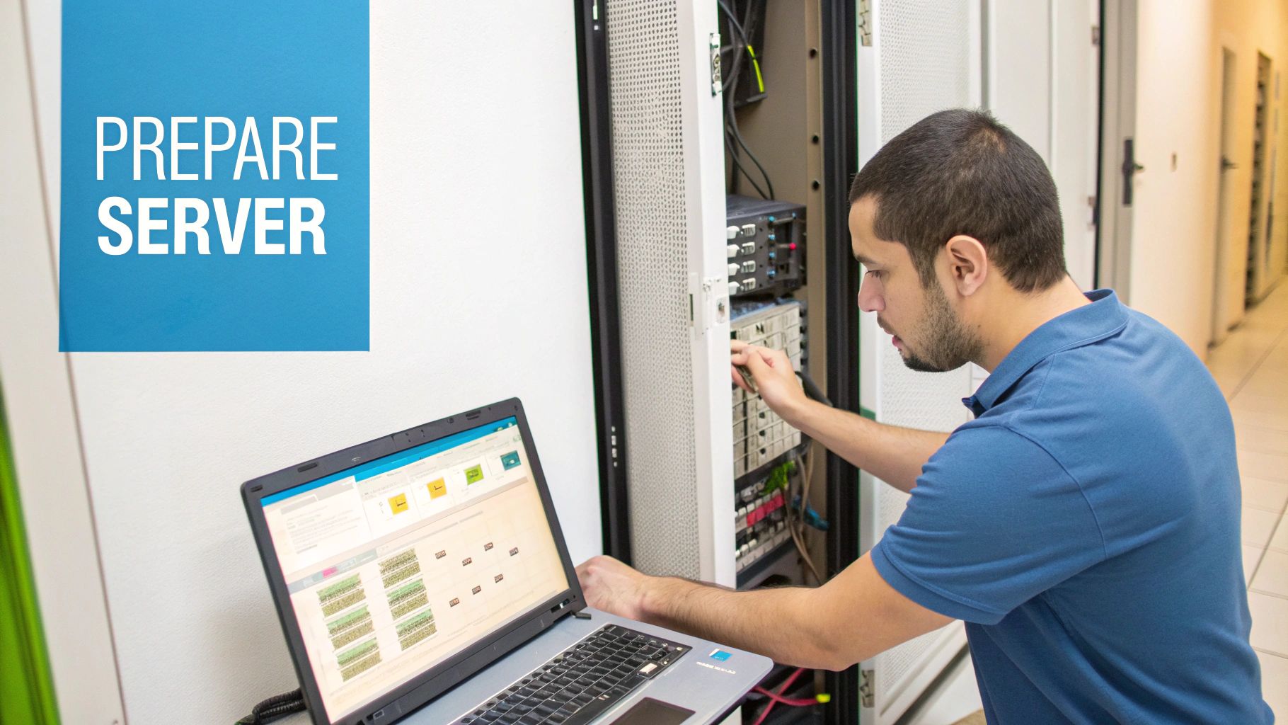 A technician in a blue polo shirt is preparing a server in a data center, with a laptop open next to him.