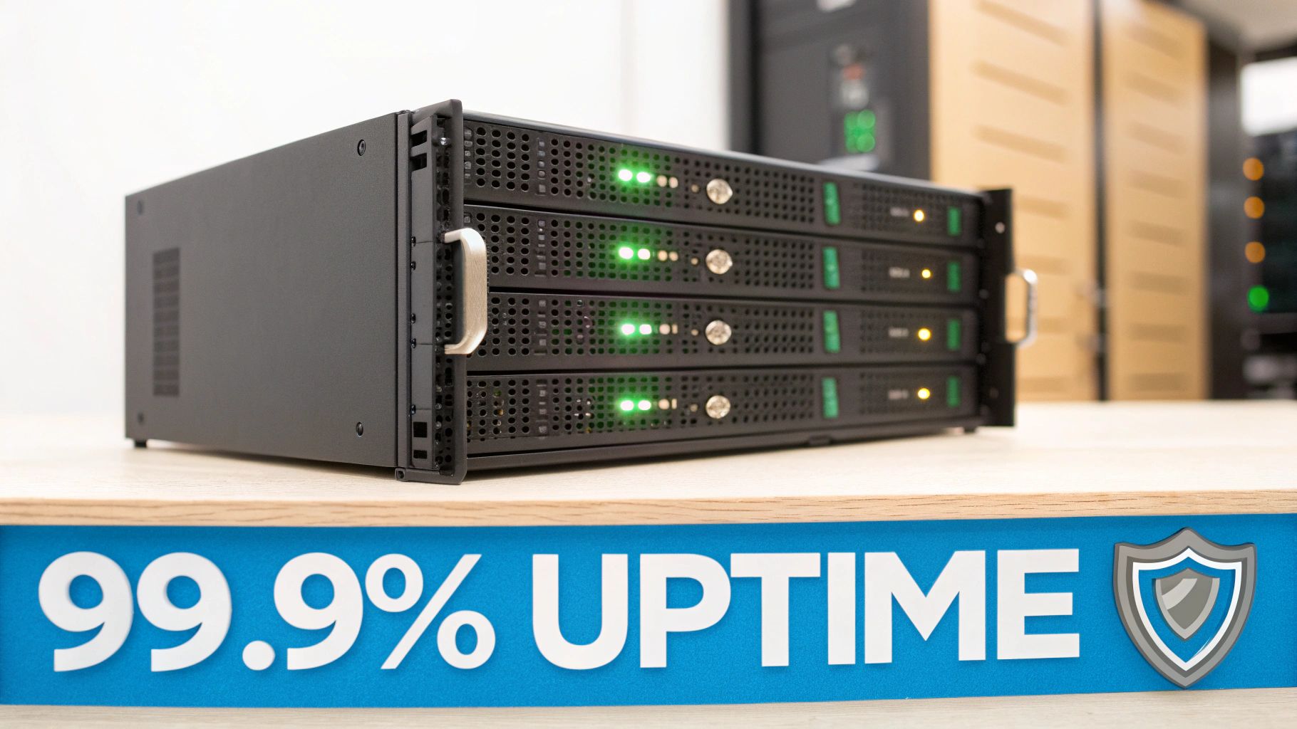 Multiple black rack-mounted servers with green indicator lights sitting on a desk, showcasing 99.9% uptime and reliability.