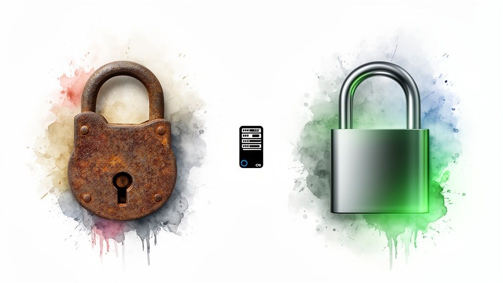 Изображение демонстрирует контраст между старой и новой безопасностью: ржавый замок, сервер и современный зеленый замок.