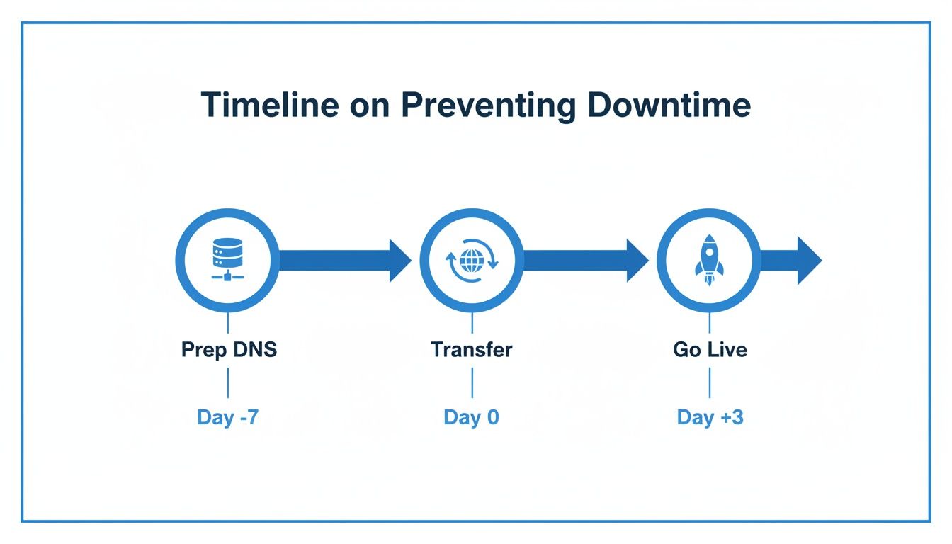 Timeline showing three steps to prevent downtime: Prep DNS (Day -7), Transfer (Day 0), and Go Live (Day +3).