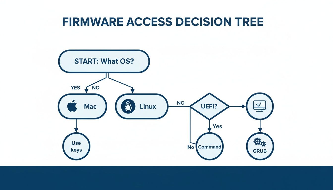 A decision tree flowchart illustrating steps to access firmware based on the operating system and UEFI.