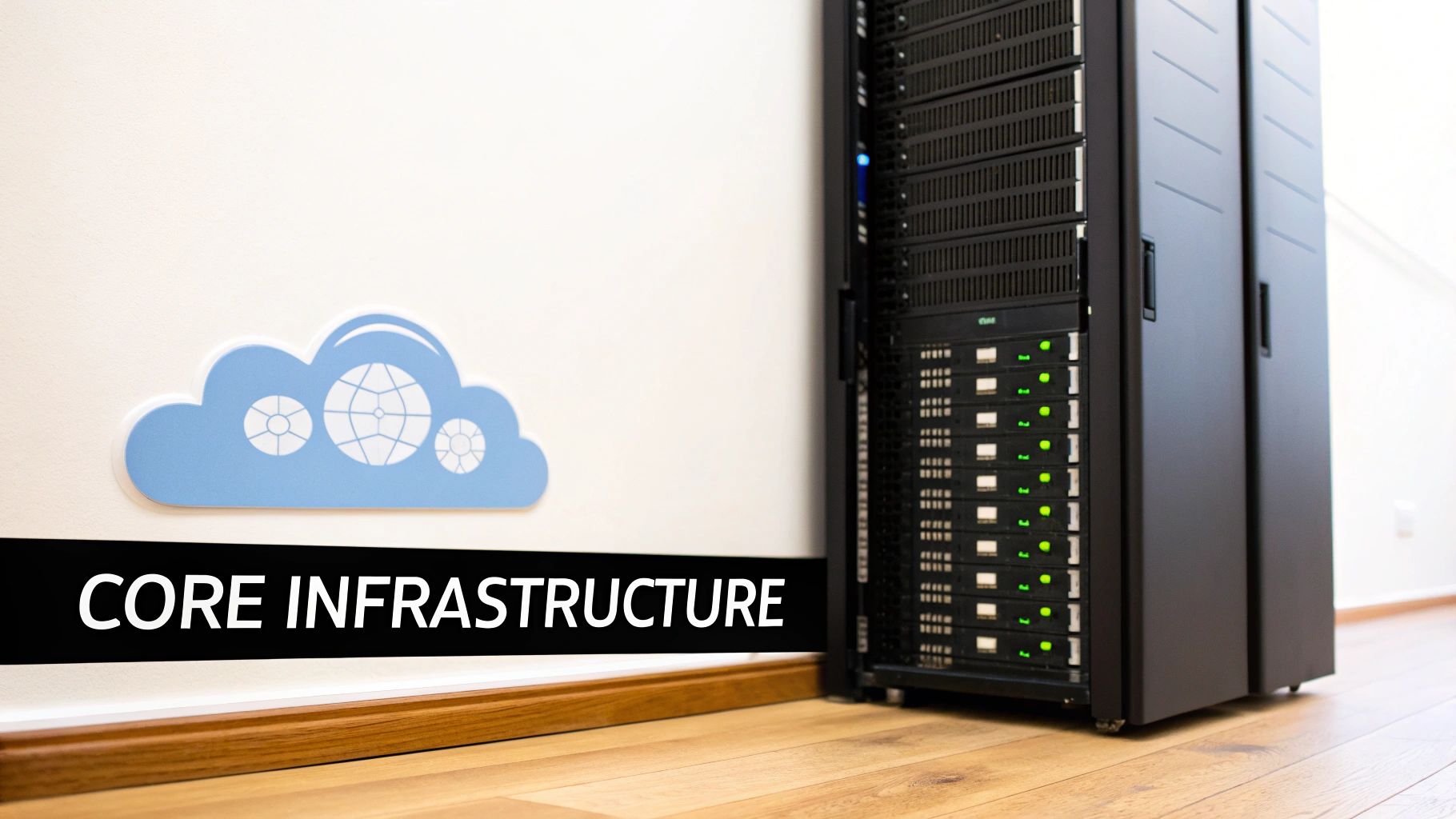 Server rack with green indicator lights beside cloud infrastructure icon on office wall