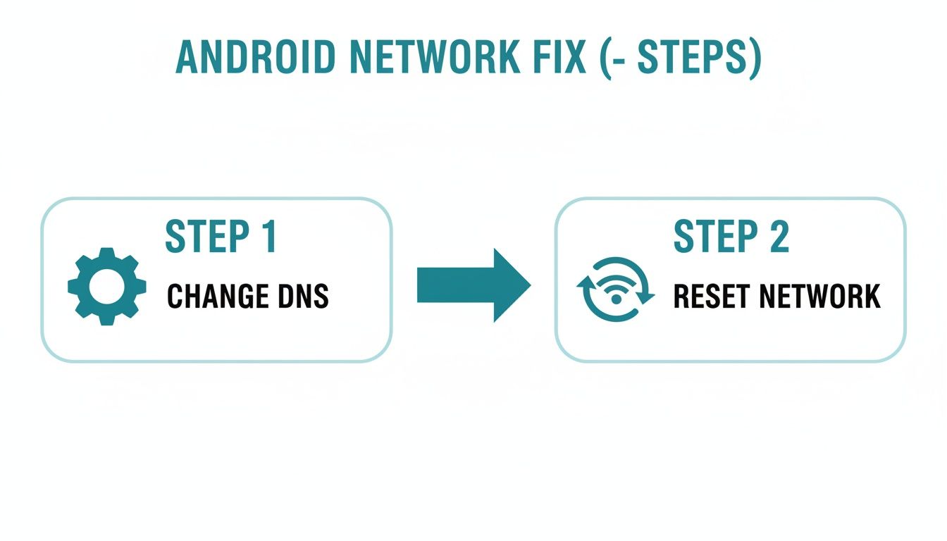 Two-step guide for Android network fix: change DNS, then reset network connection.