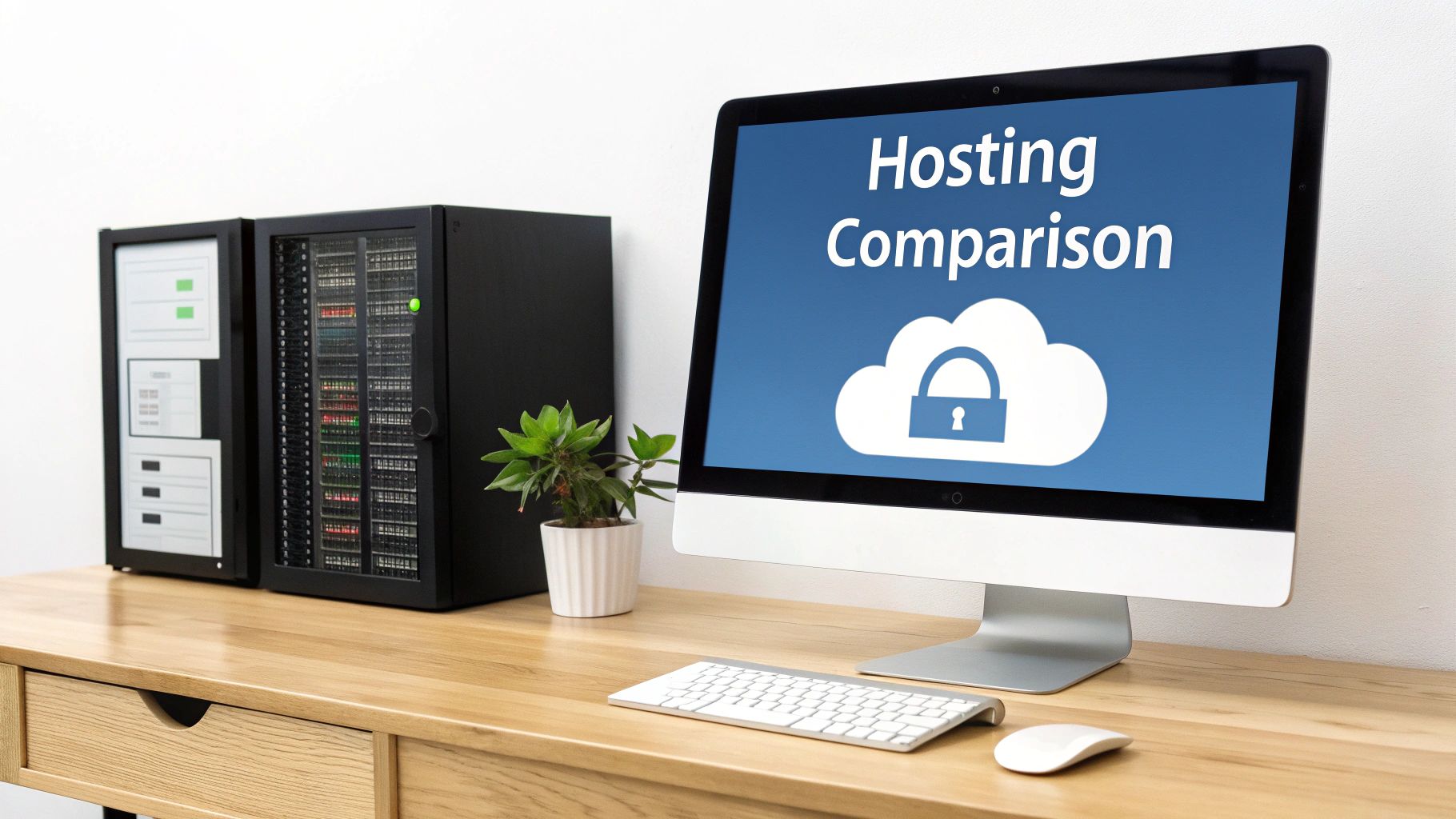 Desktop computer displaying hosting comparison with cloud security icon and server hardware on wooden desk