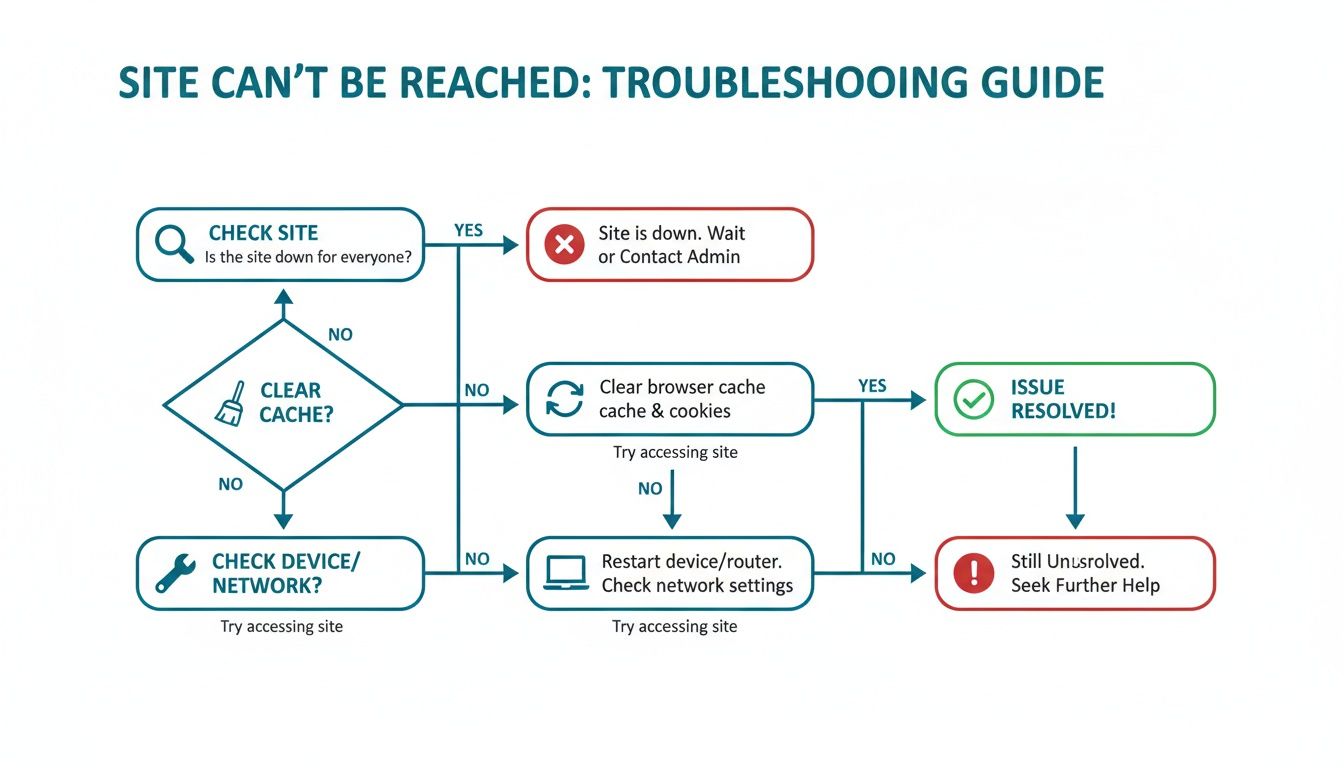 Flowchart for troubleshooting 'Site Can't Be Reached' errors, covering checks for site status, cache, and network issues.