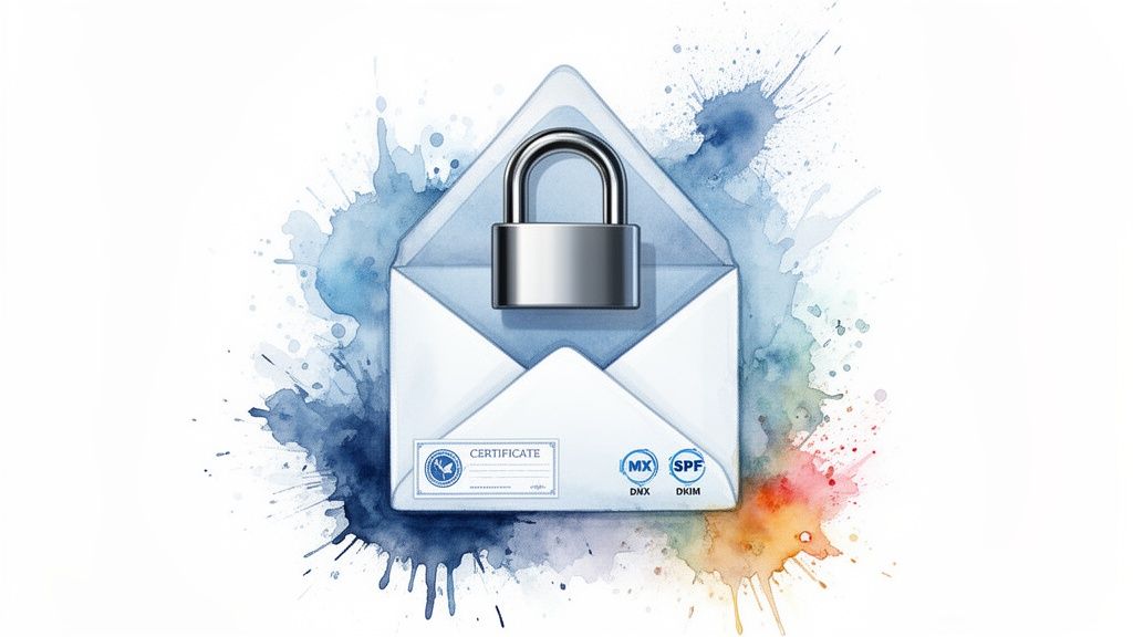 Watercolor illustration of a secure email envelope with a padlock, certificate, and authentication protocols.