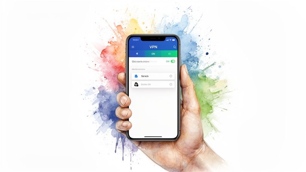 Hand holding a smartphone displaying a VPN app with 'ON' status and server options, against a vibrant watercolor splash.