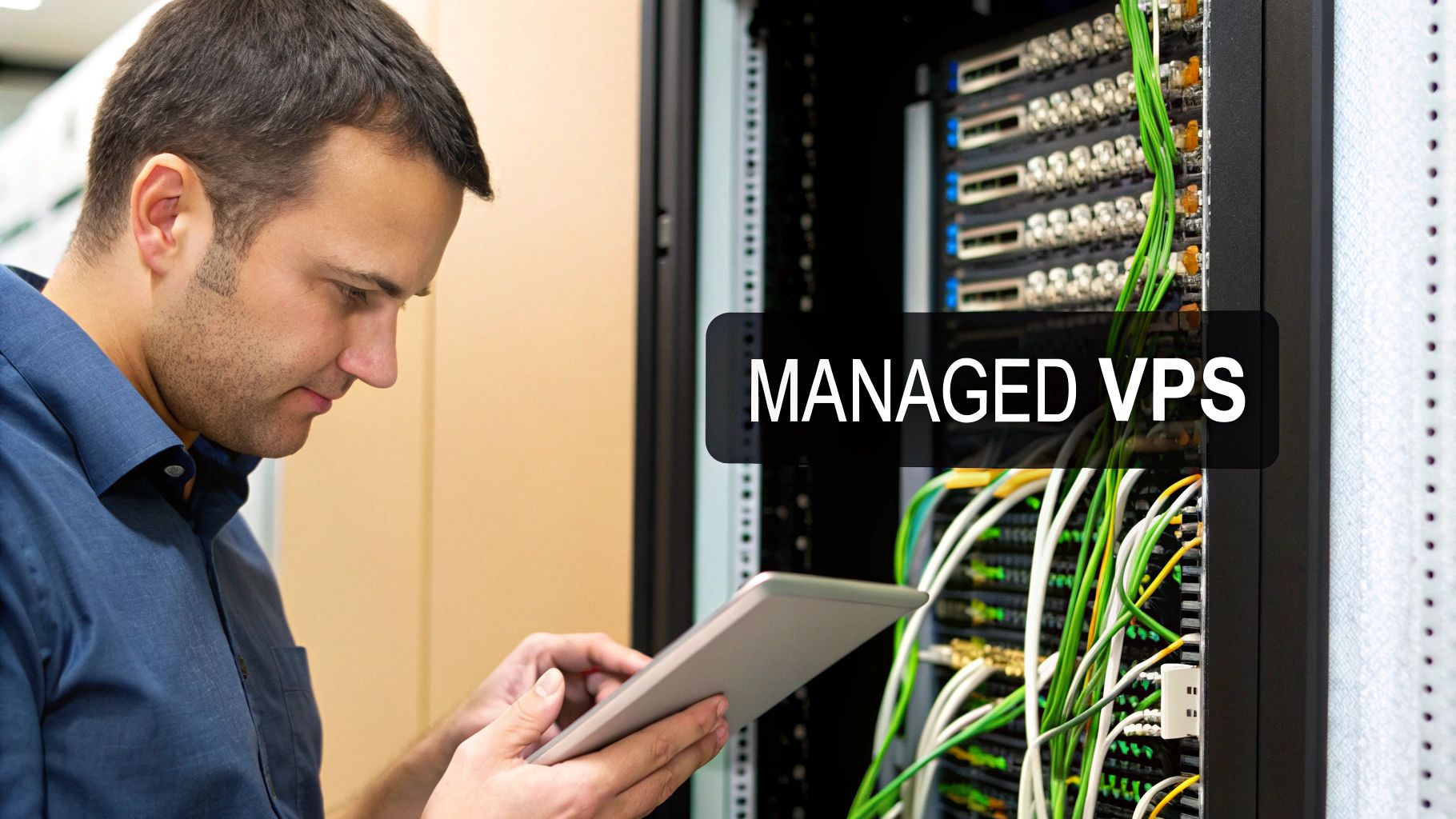 IT technician managing VPS server infrastructure in professional data center with network cables