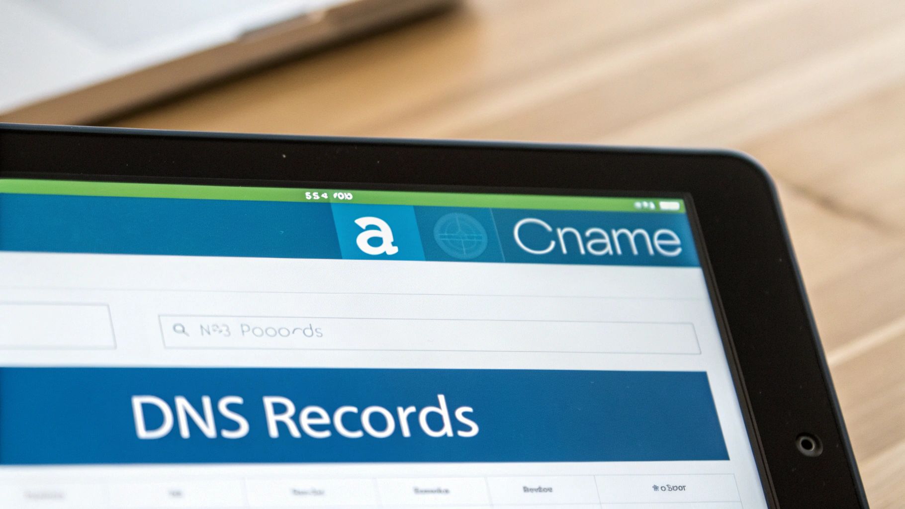 Close-up of a tablet displaying a webpage titled 'DNS Records' and 'Cname' in the header.
